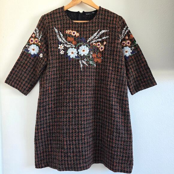 Zara Embroidered Plaid Tweed Mini Dress 3/4 Sleeves Brown Boho Twee - Picture 2 of 9